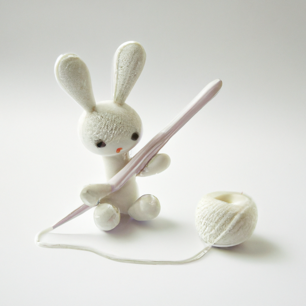 Jouet tricoté: lapin minimaliste sur fond blanc avec pelote et aiguilles